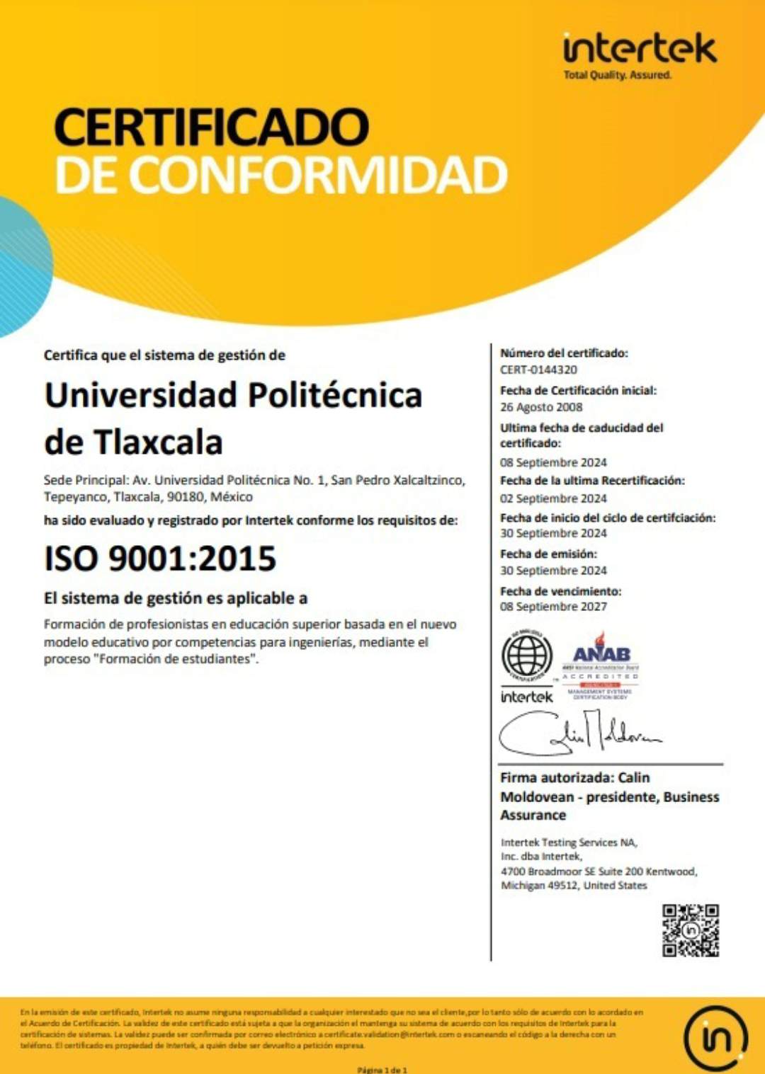 UPTx se fortalece con certificación ISO 9001:2015